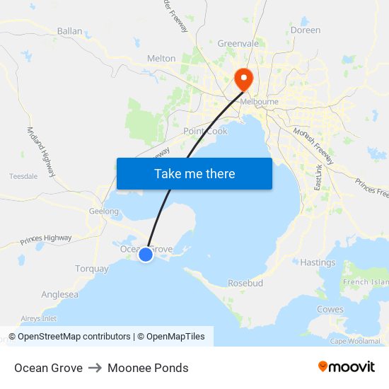 Ocean Grove to Moonee Ponds map