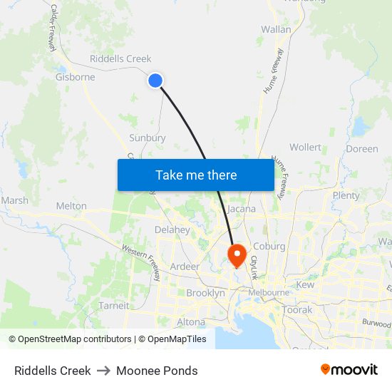 Riddells Creek to Moonee Ponds map