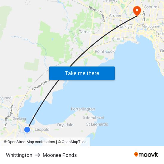 Whittington to Moonee Ponds map