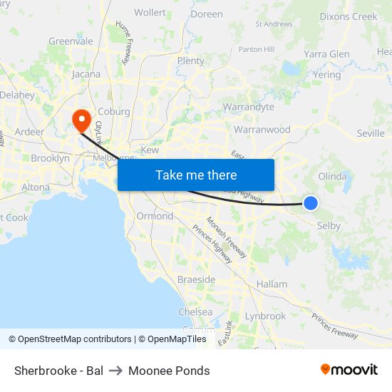 Sherbrooke - Bal to Moonee Ponds map