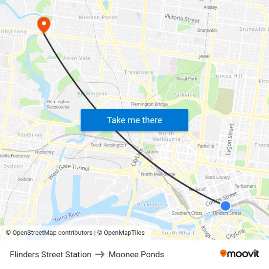 Flinders Street Station to Moonee Ponds map