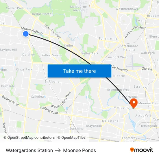 Watergardens Station to Moonee Ponds map