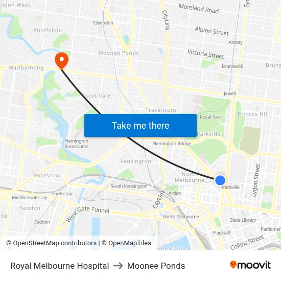 Royal Melbourne Hospital to Moonee Ponds map