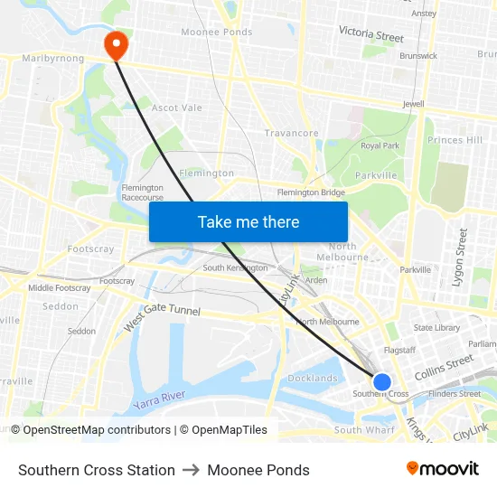 Southern Cross Station to Moonee Ponds map