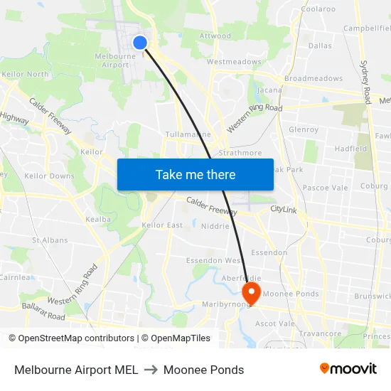 Melbourne Airport MEL to Moonee Ponds map