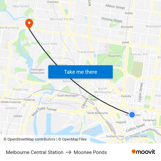 Melbourne Central Station to Moonee Ponds map