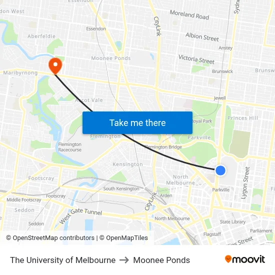 The University of Melbourne to Moonee Ponds map