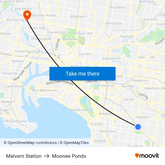 Malvern Station to Moonee Ponds map