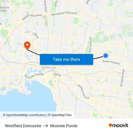 Westfield Doncaster to Moonee Ponds map