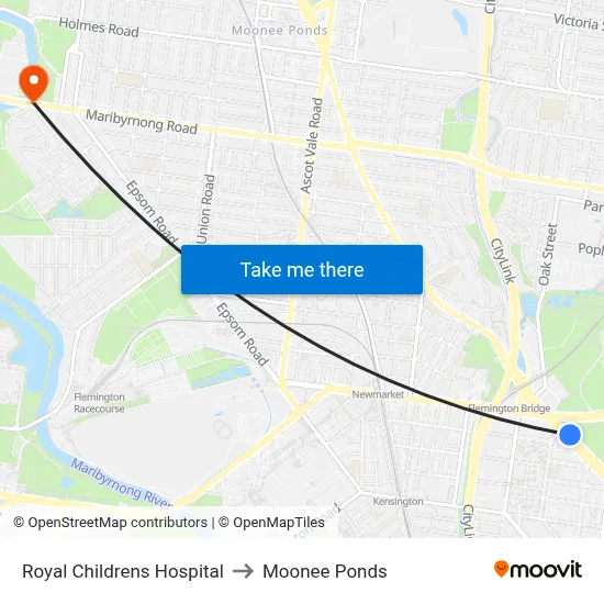 Royal Childrens Hospital to Moonee Ponds map
