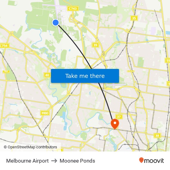 Melbourne Airport to Moonee Ponds map