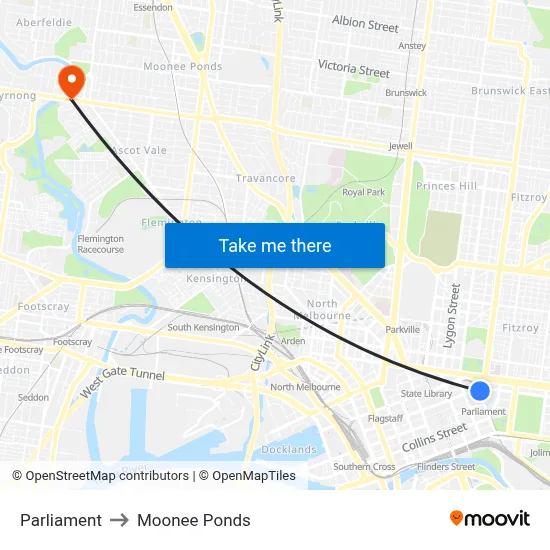 Parliament to Moonee Ponds map