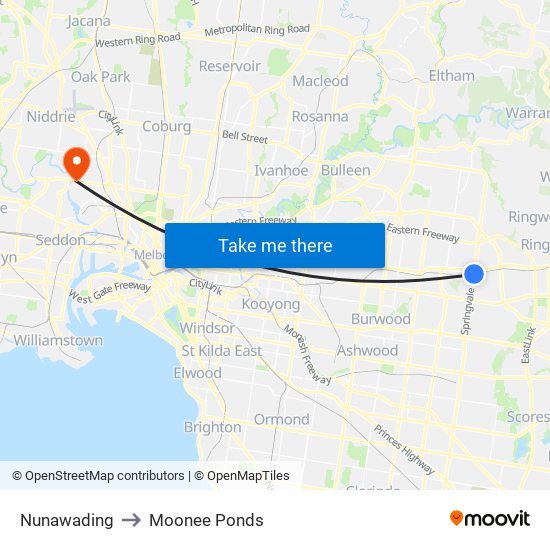 Nunawading to Moonee Ponds map