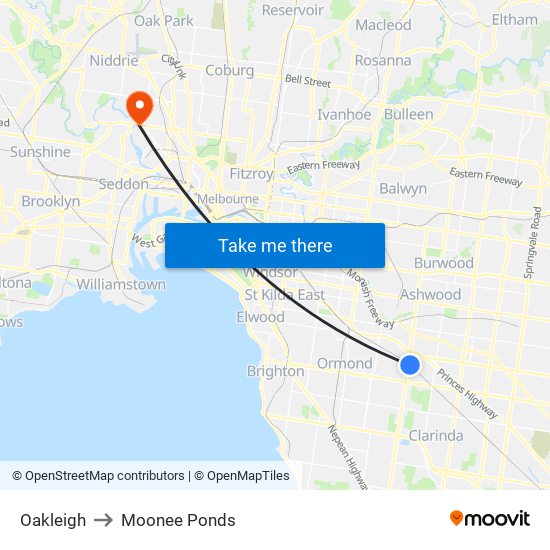 Oakleigh to Moonee Ponds map