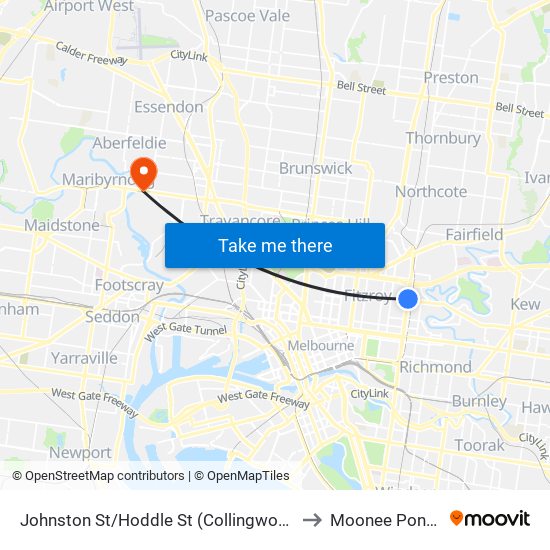 Johnston St/Hoddle St (Collingwood) to Moonee Ponds map
