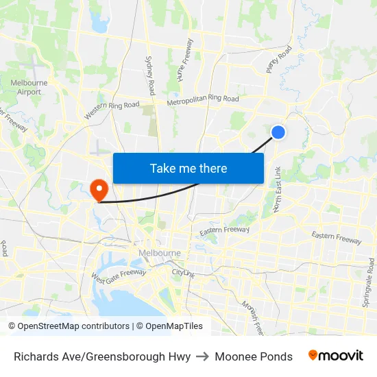 Richards Ave/Greensborough Hwy to Moonee Ponds map