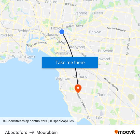Abbotsford to Moorabbin map