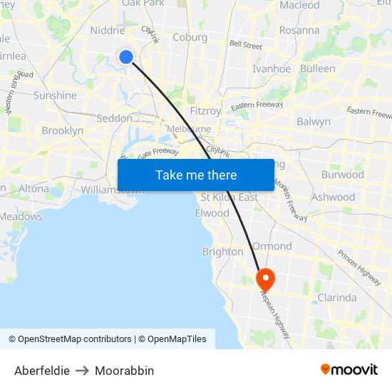 Aberfeldie to Moorabbin map