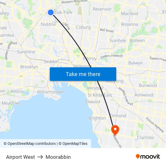 Airport West to Moorabbin map