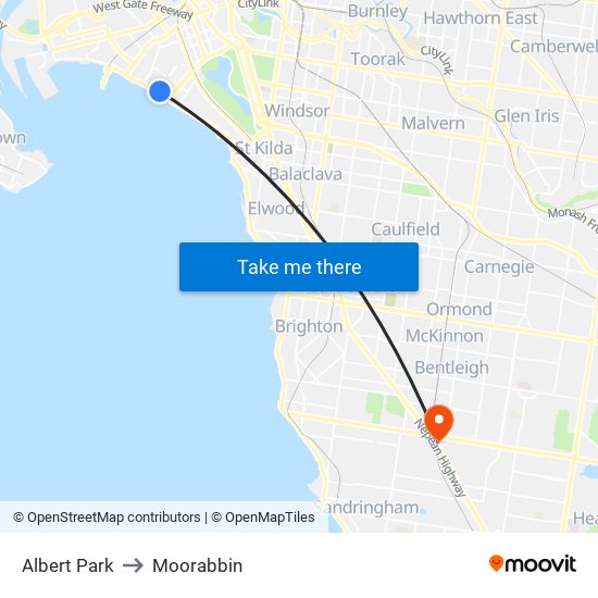 Albert Park to Moorabbin map