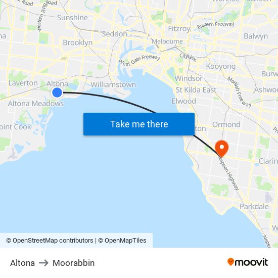 Altona to Moorabbin map