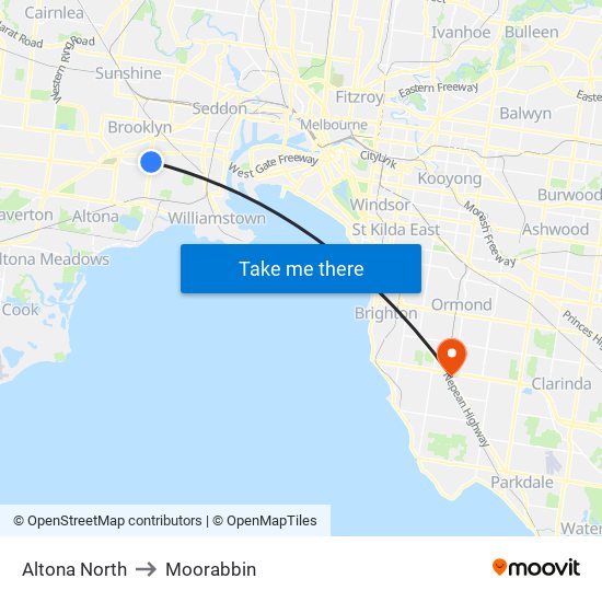 Altona North to Moorabbin map