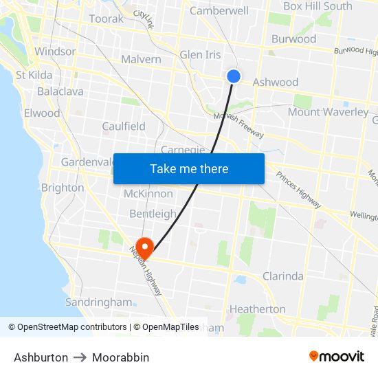 Ashburton to Moorabbin map