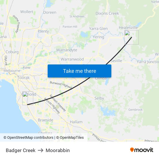 Badger Creek to Moorabbin map