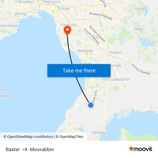 Baxter to Moorabbin map