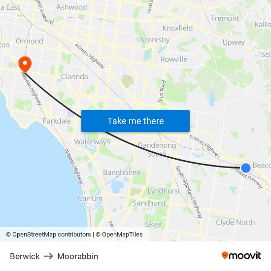 Berwick to Moorabbin map