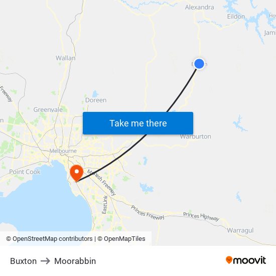 Buxton to Moorabbin map