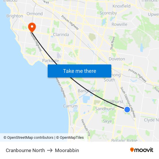 Cranbourne North to Moorabbin map