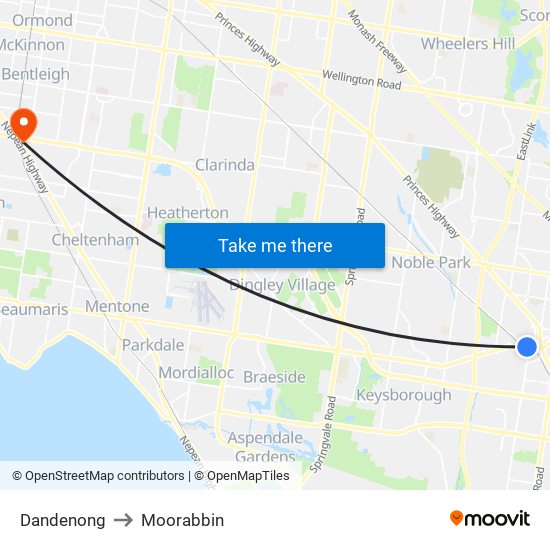 Dandenong to Moorabbin map