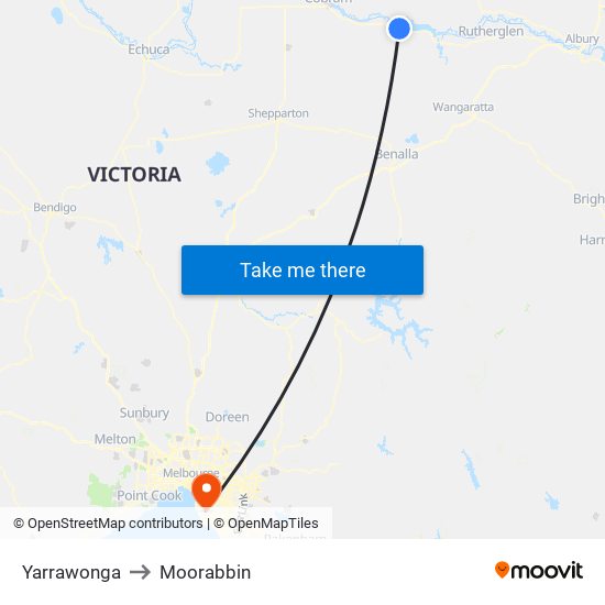 Yarrawonga to Moorabbin map