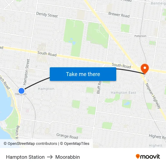 Hampton Station to Moorabbin map