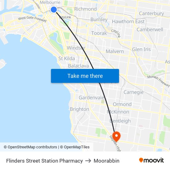 Flinders Street Station Pharmacy to Moorabbin map