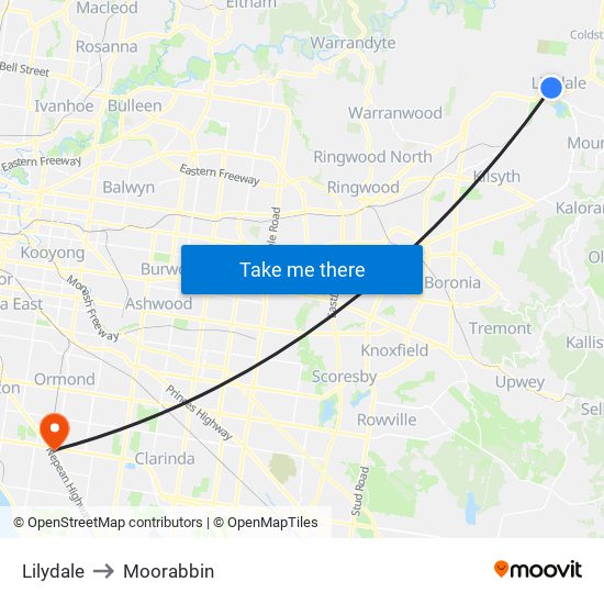 Lilydale to Moorabbin map