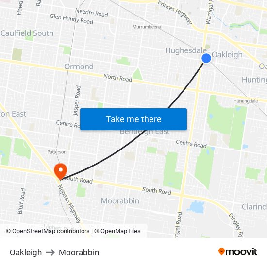 Oakleigh to Moorabbin map