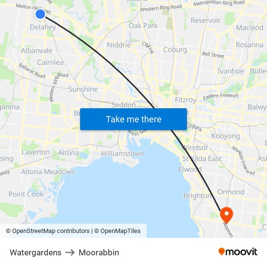 Watergardens to Moorabbin map