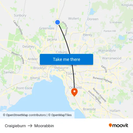 Craigieburn to Moorabbin map
