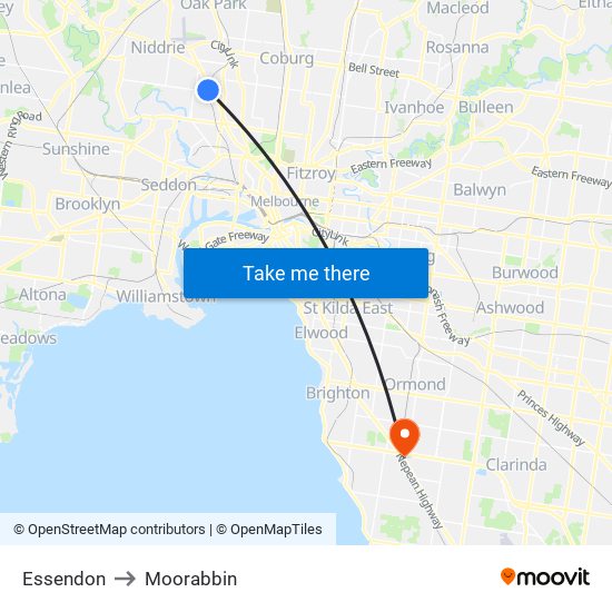 Essendon to Moorabbin map