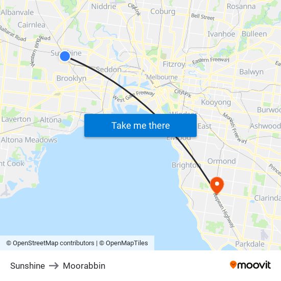 Sunshine to Moorabbin map