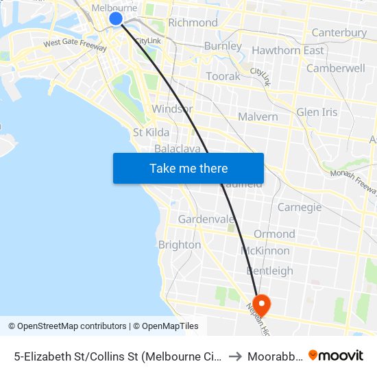 5-Elizabeth St/Collins St (Melbourne City) to Moorabbin map