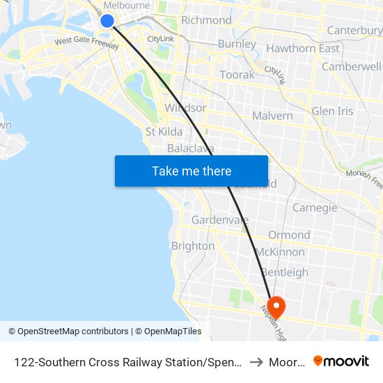 122-Southern Cross Railway Station/Spencer St (Melbourne City) to Moorabbin map