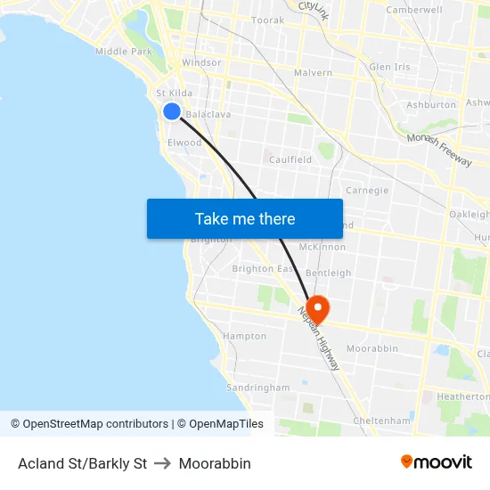 Acland St/Barkly St to Moorabbin map
