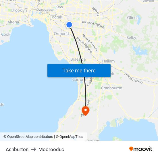 Ashburton to Moorooduc map