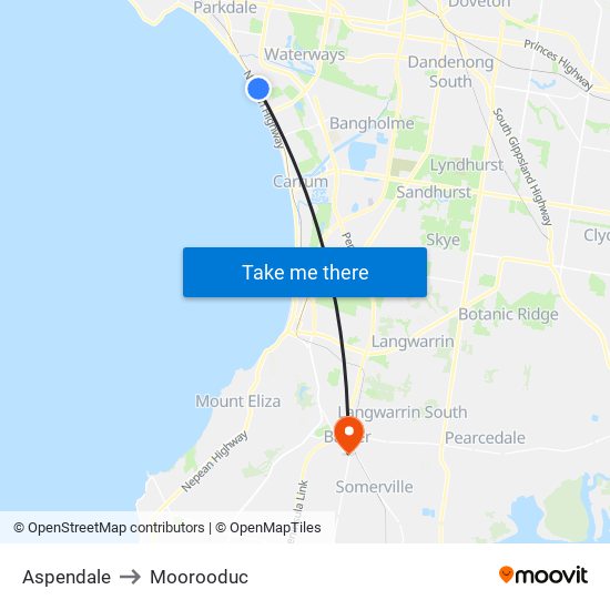 Aspendale to Moorooduc map