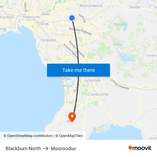 Blackburn North to Moorooduc map