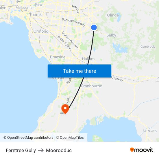 Ferntree Gully to Moorooduc map