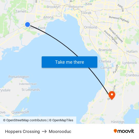 Hoppers Crossing to Moorooduc map